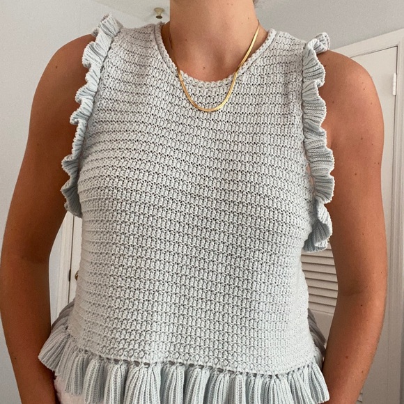 Zara Tops - ZARA blue crochet preppy ruffle sleeveless sweater top in Size Medium.